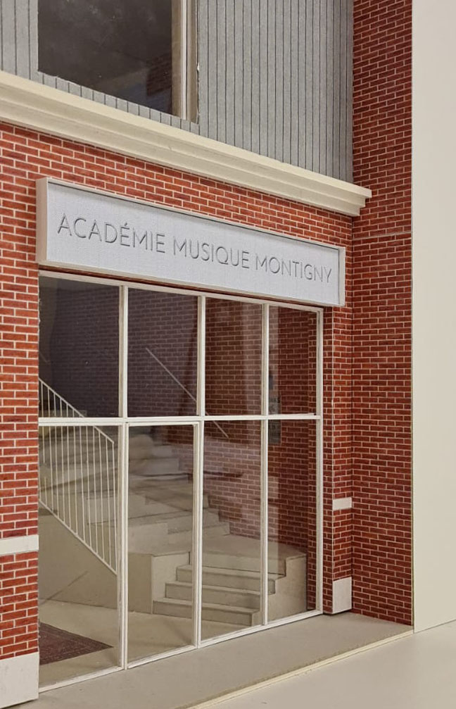 architecture-contemporaine-rénovation-académie-conservatoire-musique-danse-théatre-montigny-le-tilleul-maquette-extérieur-détail-entrée