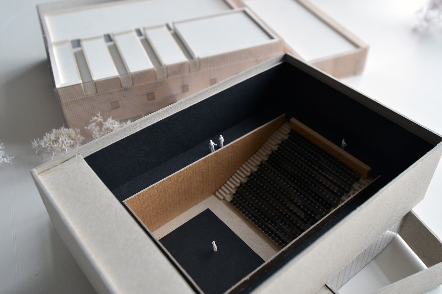 architecture -contemporaine-centre-culturel-sportif-scailmont-manage-rénovation-extension-bois-béton-maquette-salle-spectacle