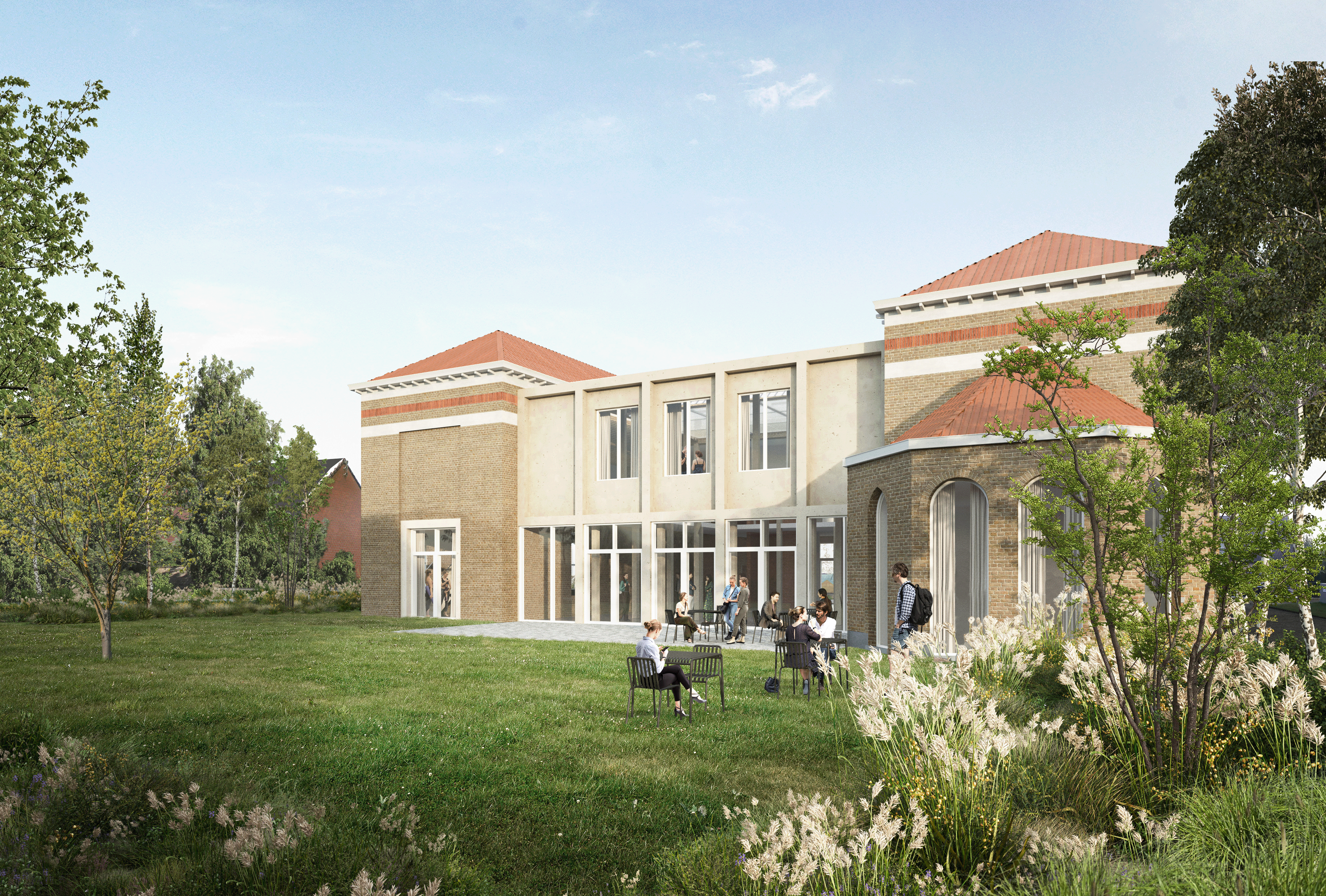 architecture-contemporaine-équipement-public-rénovation-couvent-notre-dame-CPAS-Comines-maison-solidarités-social-culturel-polyvalent-ONE-vue-jardin