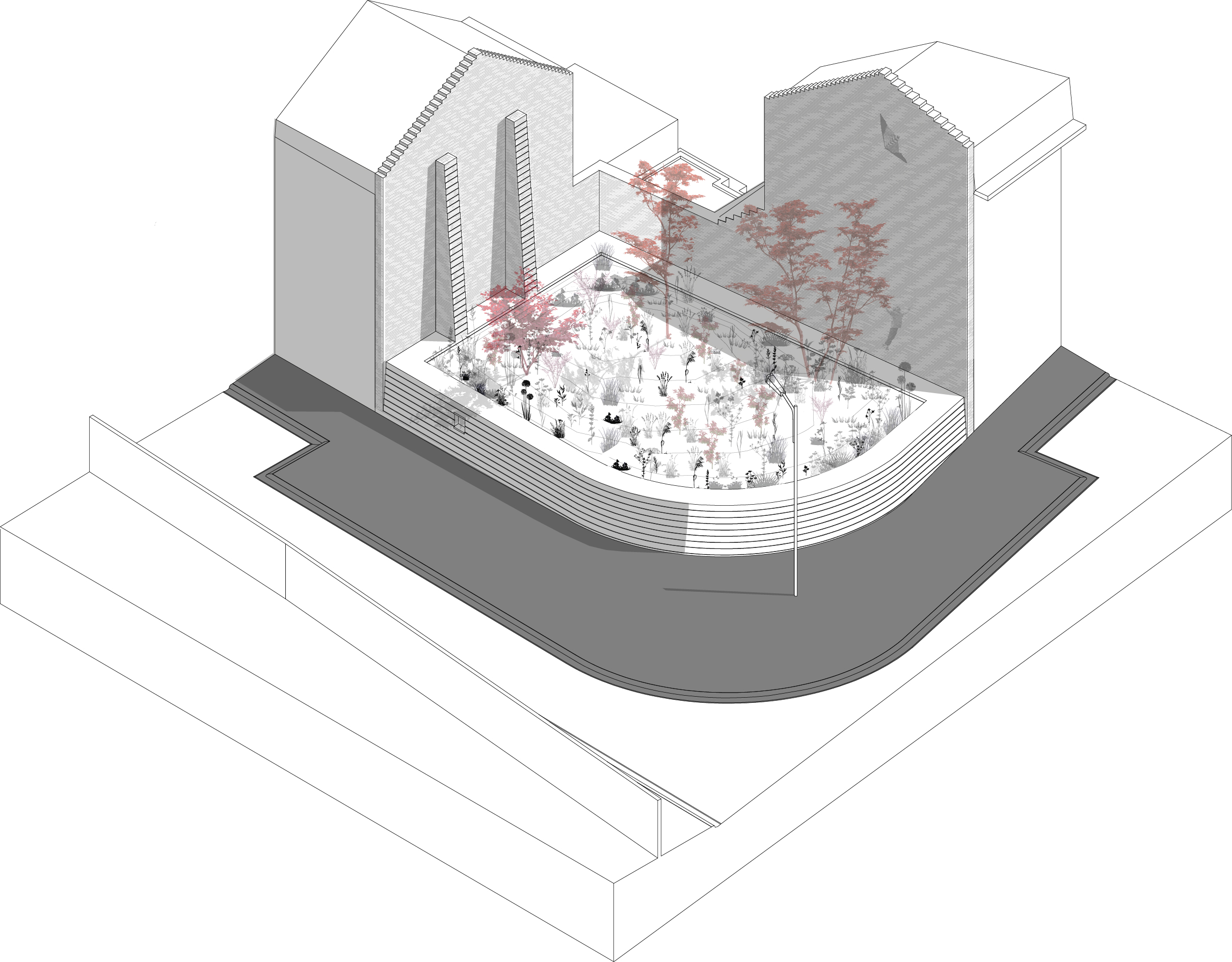 architecture-contemporaine-aménagement -urbain-paysager-brique-vernissée-monument-mémorial-dutroux-julie-melissa-axonométrie