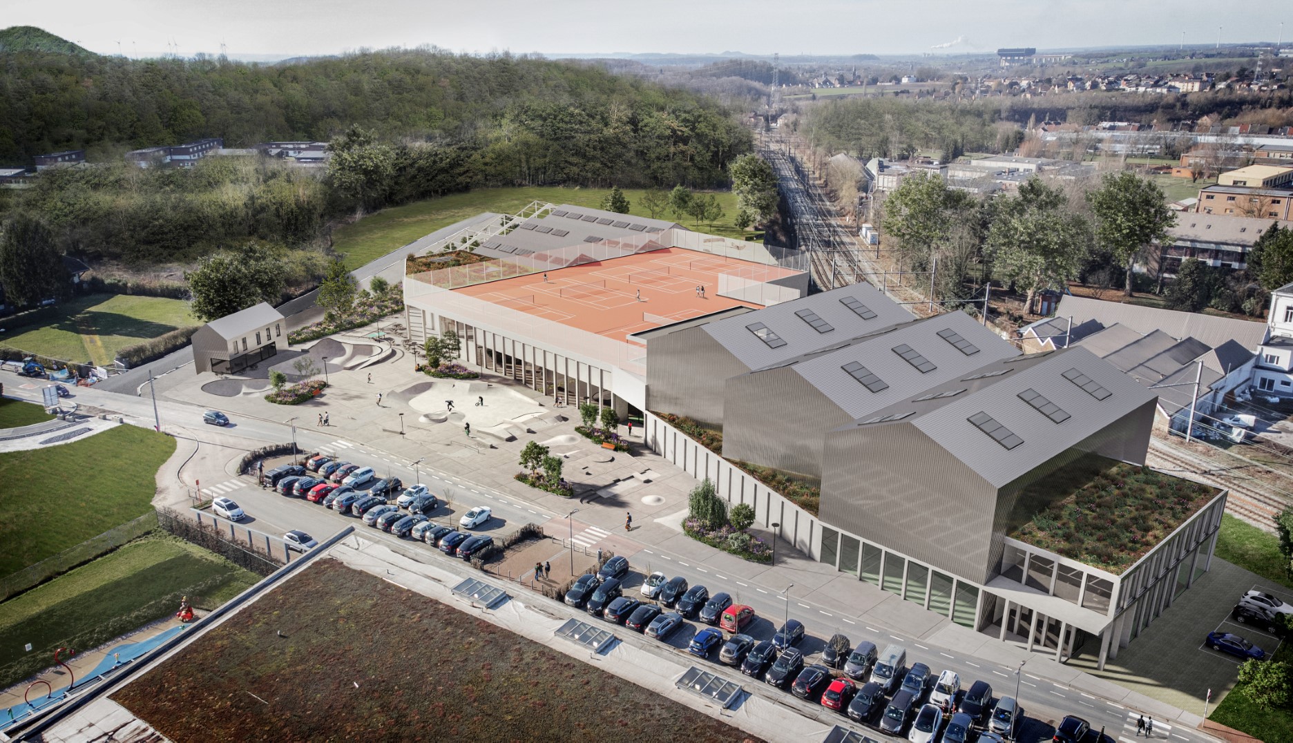 Architecture-contemporaine-sport-La-Louviere-Tennis-Ping-pong-dojo-multisport-skate-park-paddle-bocage-ancienne-verrie-parkings-image-vue-générale