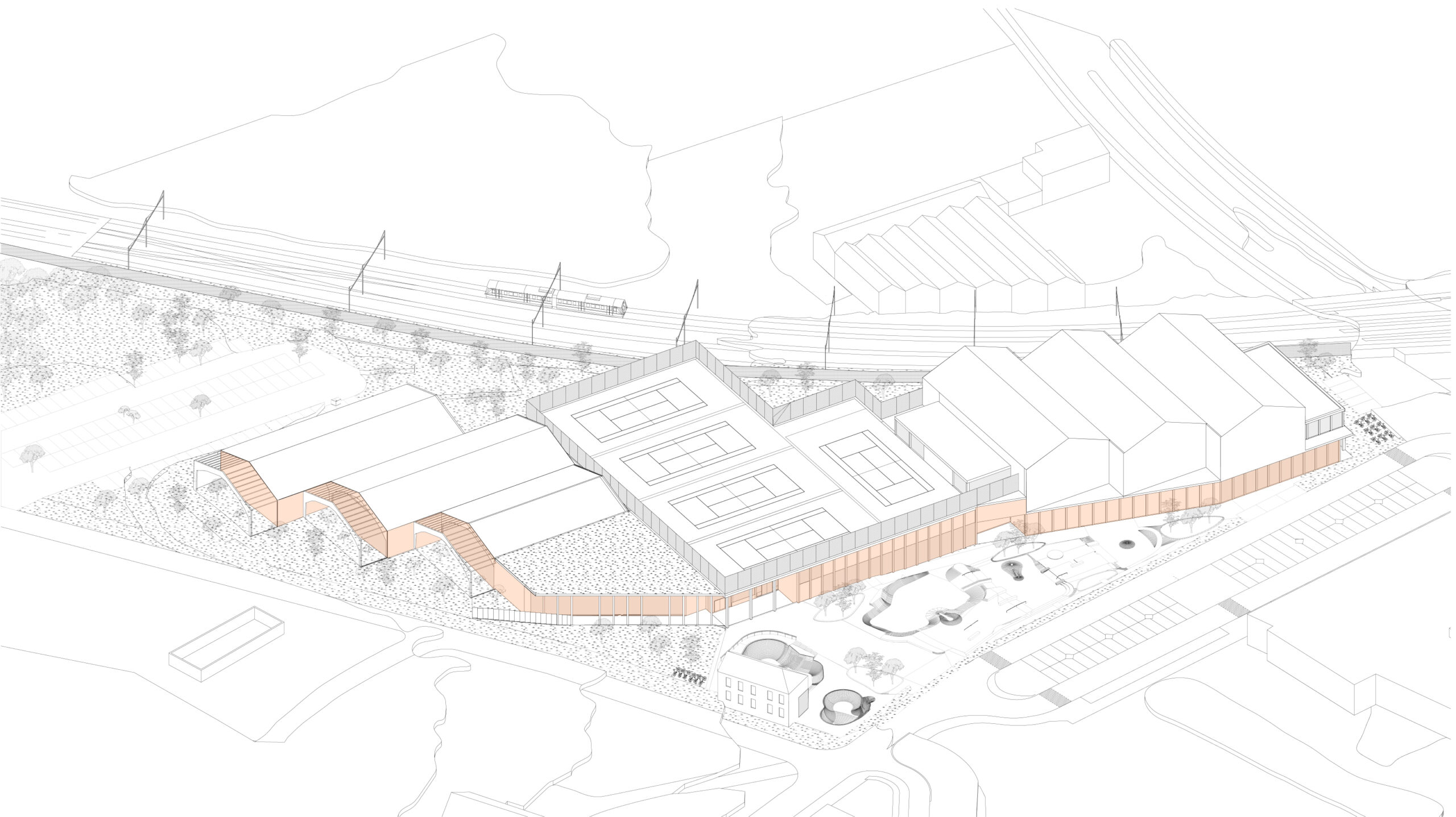 Architecture-contemporaine-sport-La-Louviere-Tennis-Ping-pong-dojo-multisport-skate-park-paddle-bocage-ancienne-verrie-parkings-axonométrie-générale