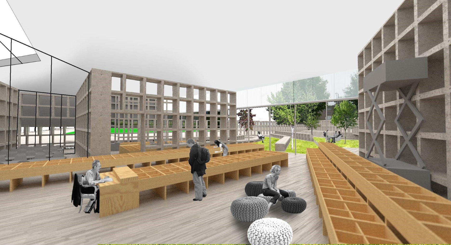 architecture-contemporaine-bibliothèque-publique-communale-transparence-image-intérieur-jardin