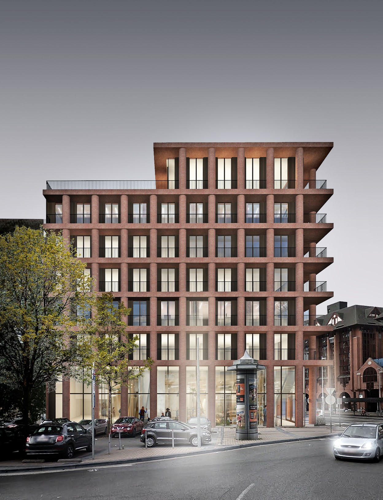 Architecture-contemporaine-bureau-siege-SWCS-credit-social-charleroi-reservoir-a-META-RGPA-goffart-polome-brique-image-nuit